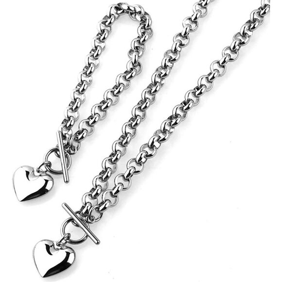 2pc Set Titanium Steel Heart Charm Necklace & Bracelet Set - O-Chain Jewelry - Picture 5 of 9